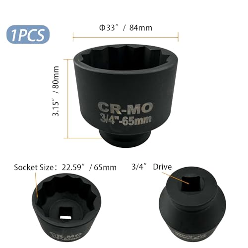 65mm Impact Socket, 3/4" Drive 12 Point Metric Axle Nut Socket Wrench, 40CR Heavy Duty Spindle Nut Remover Tool for Auto Repair (65mm) 65mm