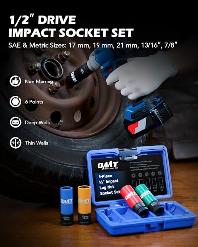 OMT 1/2" Drive Lug Nut Socket Set, Metric And SAE Wheel Socket Set, 5pc 17 19 21 mm & 13/16 7/8 inch Standard