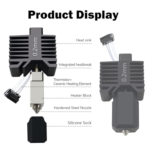 HzdaDeve Updated 0.2 mm P1S/P1P Hotend Hot End Full Assembly Print Head Hardened Steel Nozzle Extruder Ceramic Heating Cartridge Rod Thermistor Kit Replacement for Bambu Lab P1S P1P Series 0.2MM P1S/P1P Hotend