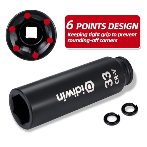 1/2" Drive 33mm Extra Deep Impact Socket，6.3"(160mm) Long，6-Point, Heat Treated Cr-V Alloy Steel, One-Piece Forged, Radius corner design