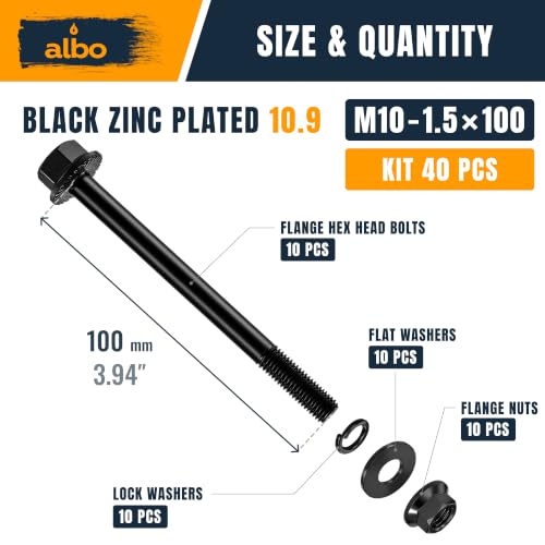 ALBO M10-1.5 x 100mm Flange Hex Bolt Kit, 40 PCS, 10.9 Black Zinc, PRO M10x100mm