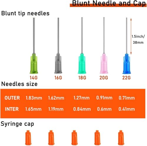 Pack of 5 5ml Ink Filling Syringes, Luer Lock Design, Plastic Syringes | With caps 1.5 inches, 14Ga, 16Ga, 18Ga, 20Ga, 22Ga, blunt tip for liquids, glue, ink 5 ml lure 5.0