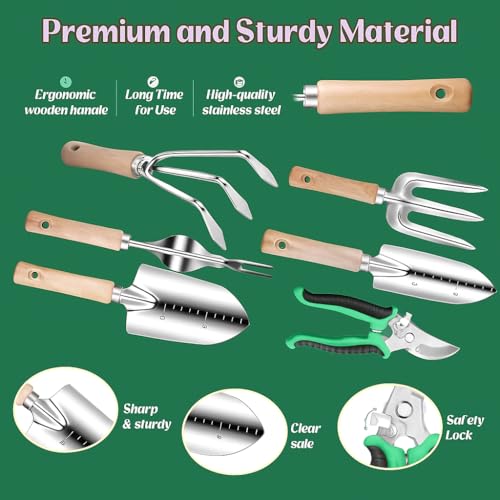 9-Piece Garden Tool Set for Women & Men – Heavy Duty Stainless Steel Gardening Tools Kit with Floral Storage Bag | Gardening Hand Tool Set Gift for Adults & Beginners