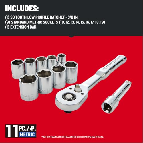 CRAFTSMAN 11-Piece Socket Set, Metric, 3/8 Inch Drive, Low Profile Ratchet, 90-Tooth (CMMT12127) NEW MM, 11 Piece
