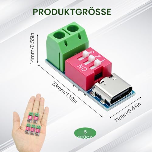 Pack of 5 USB C PD/QC Trigger Board Module, USB C Test Device with DIP Switch 5V/9V/12V/15V/20V, Step-Down Converter Module, Power Delivery Boost Module 100W for USB C Tester, Electronic Tests, Quick | Type C Module Power Delivery Boost 100W for DIY El...