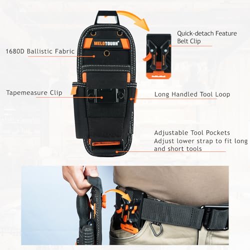 MELOTOUGH Small Tool Pouch with Quick Release Belt Clip,Clip On Tool Belt Pouch with Electrician Tapemeasure Clip, Stainless Steel Drill Belt Holder,Drill Holder for Tool Belt,Drill Holster