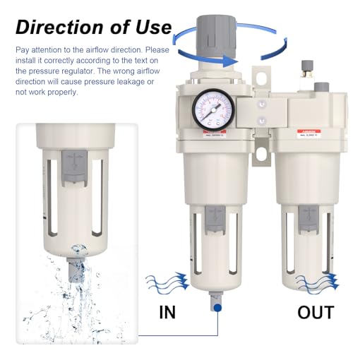 AIRZOE 1" NPT Air Filter Regulator Lubricator Combo AC5010-10 1"NPT Semi-auto Drain / White