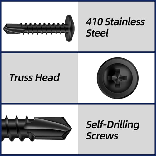 #8 x 2 Sheet Metal Screws, 410 Stainless Steel Truss Head Fast Self Drilling Screws, Black Oxide, Screwdriver Bit Included, 200 PCS #8 x 2"