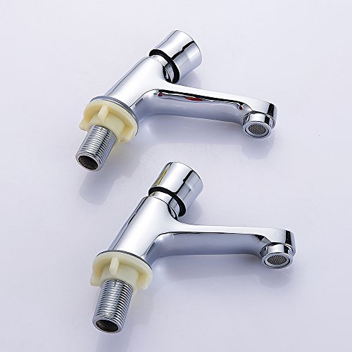 Self Closing Bathroom Sink Taps Pair, 1 Pair G1/2" Chrome Plated Bathroom Sink Faucet Brass Push Button Hot and Cold Mixer Time Delay Washbasin Tap Mixer for Kitchen Hotel Restaurant Public Toilet