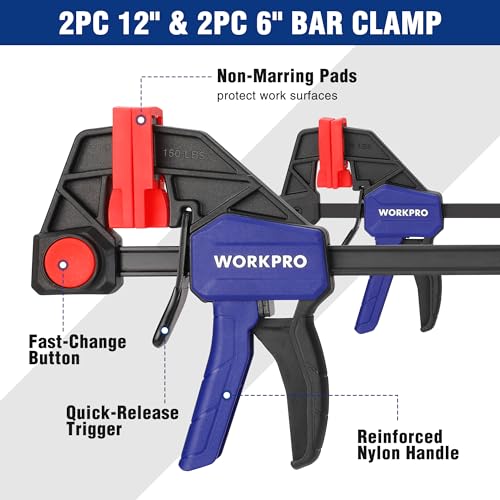 WORKPRO 10-Pack Clamps for Woodworking, 12" & 6" Bar Clamps, 2 Quick-Release Ratcheting Wood Clamps and 4 Spring Clamps, Light Duty F Clamps/Spreader 150 LBS Load Limit