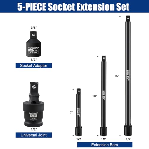 1/2" Drive Impact Socket Extension Set, 5-Piece Includes 5", 10", 15" Extension Bars, Universal Joint Socket and 1/2" to 3/8" Adapter, Black Phosphate Finish, Chrome Vanadium Steel 1/2" Drive - 5-Piece Extension Bar