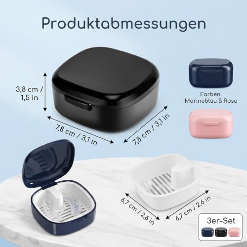 Set of 3 Denture Boxes, Practical and Colorful, Ideal for Storing Dentures or Carrying, Black, Blue, Pink