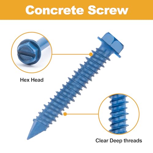 VIGRUE 175PCS Concrete Screws Assortment Kit 1/4" x 1-1/4" to 2-1/4" and 3/16" x 1-1/4" to 2-3/4" 175PCS Hex Head Cement Screws Set Diamond Point for Anchoring to Masonry, Block or Brick Slotted Hex