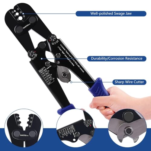 Yangoutool Wire Rope Crimping and Cutting Kit for 1/16-1/8 Inch Steel Cable, with 100 Aluminum Sleeves and 50 Thimbles for Aluminum Oval Sleeves, Double Sleeve 1608T