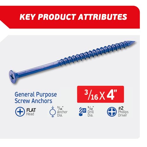3/16 x 4 Countersunk Phillips Flat Head Blue Concrete Screw Anchors (100 pcs Screw Kit) with one Screwdriver and Drill Bit for Concrete, Masonry, Block, Brick and Wood Fastening 3/16 x 4 in