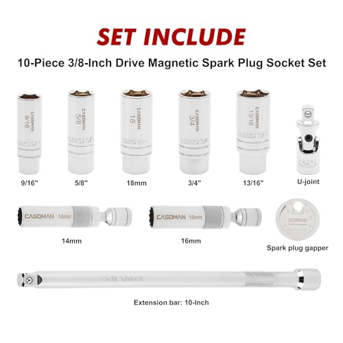 CASOMAN 10PCS 3/8"Drive Magnetic Spark Plug Socket Set, 6PT&12PT, Include Extension Bar, Universal Joint & Spark Plug Gapper, CR-V Steel 10-Piece Set with Accessory