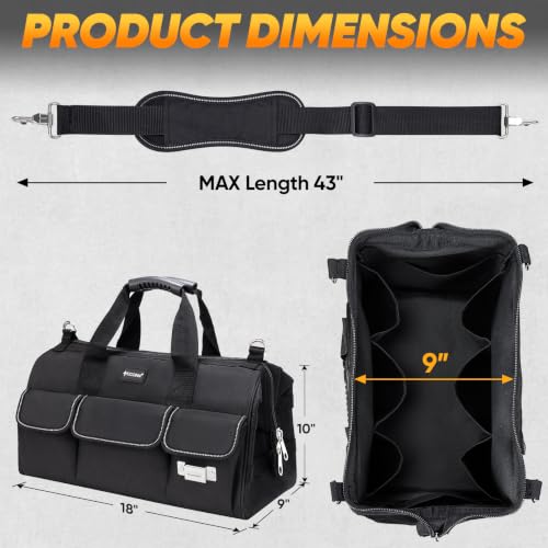 TICONN Heavy Duty Tool Bag Organizer, Portable Tool Box with Shoulder Strap 18" Standard Base Black