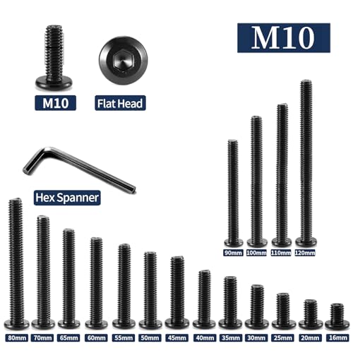 M10 x 110mm 20Pcs Flat Head Hex Socket Cap Screws Bolts, 304 Stainless Steel 18-8, Full Thread, Black Oxide by SG TZH (with Hex Spanner) 20 M10 x 110mm