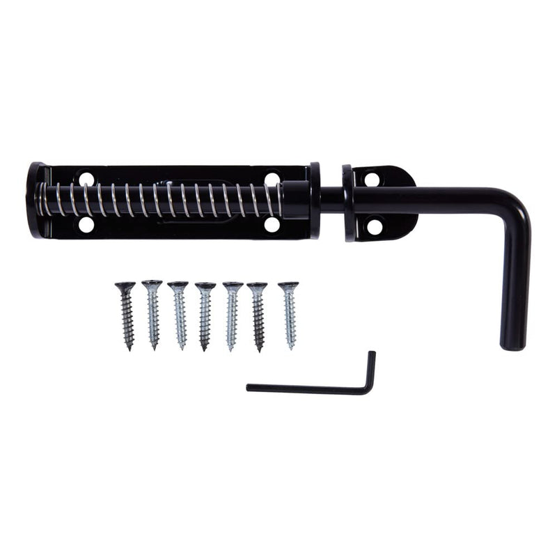 National Hardware N109-214 V1142 Spring Loaded Heavy Duty Sliding Door Bolt Latch - Black Steel Security Lock for Gates, Sheds and Stalls - Left or Right Hand Operation
