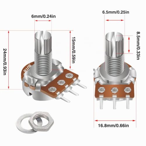 Taiss 100 Pieces Potentiometer Kit B1K B5K 10K 20K 50K 100K 250K 500K 1M Ohm Linear Taper Rotary Potentiometer B Type Potentiometer with Nuts, Washers and 3 Different Colors of Aluminum Alloy Knob F048 100 Piece Potentiometer Kit