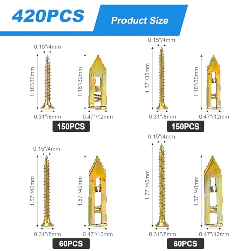 420 PCS Self Drilling Drywall Anchors with Screws Kit 420pcs-gold