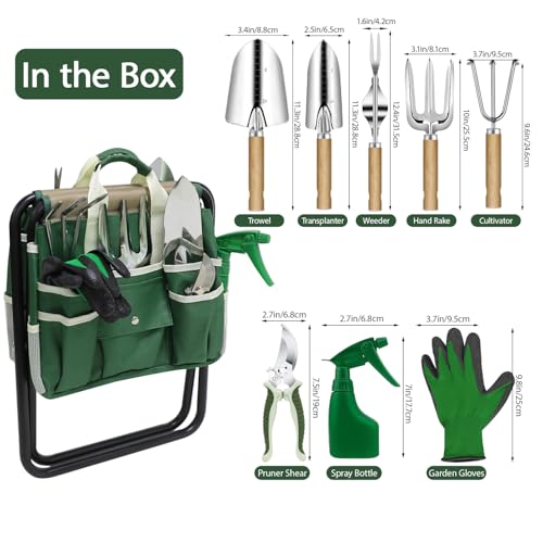 Garden Tool Set, 10 Piece Kit with Heavy Duty Folding Stool, Detachable Storage Tote Bag, Stainless Steel Tools, Gifts for Women Men Green