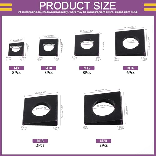 Swpeet 34Pcs 6 Sizes M8 /M10 /M12 /M16 /M18 /M20 Galvanized Black Beveled Square Washers Assortment Kit, Wedge Shaped Washers in Plain Carbon Steel for Shim Leveling Black Square Beveled