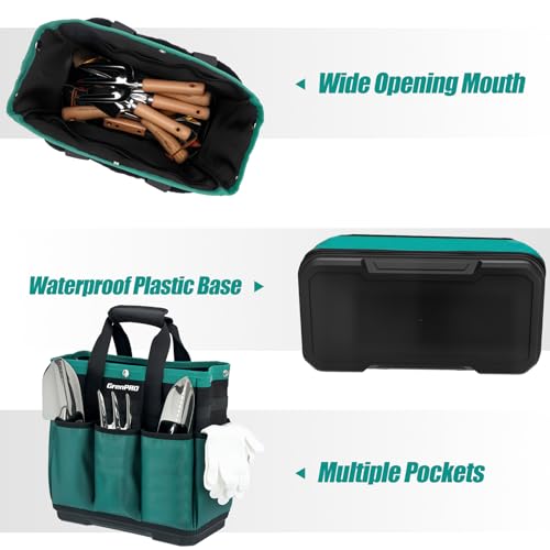 GRENPRO Heavy Duty Garden Tool Bag, Molded Bottom, 10 Pockets, Dark Green 13" Garden Tool Bag