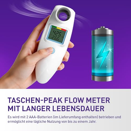 Peak Flow Meter No Bluetooth for Asthma COPD, PEF & FEV1 Risk Indicator | LCD display, for monitoring lung function, paper diary form, AAA batteries operated, digital spirometer