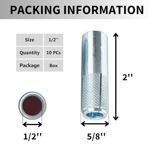 Drop-in Anchors, 10 PCs 1/2 Inch Zinc-Plated for Concrete, Secure Mounting, Industrial-Strength, Easy Installation with Tie DIABST50-1/2" Drop-in Anchor Setting Tool
