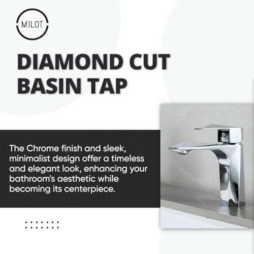 MILOT Single Lever Luxury Basin Tap | Diamond Cut Design | Lead Free Brass | Without Pop Up Waste | G1/2" Modern Fitting Leak Proof Ceramic Cartridge Bathroom Sink Tap | Chrome