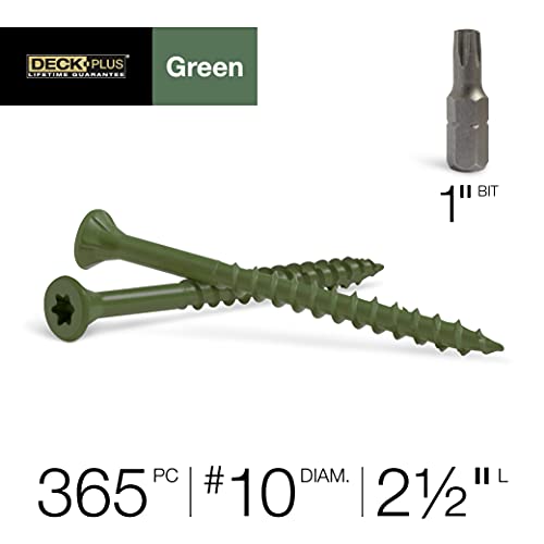 Deck Plus Deck Screws, 10 x 3 Self Drilling Screws, Green, 5 lb Box and Deck Plus 48402 Wood Screws #10 x 2-1/2", Green, 5lb Box