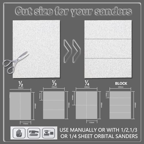 White Dry Sandpaper 55 Sheets 9x11, 60-1000 Grit Wood Metal Painted Surfaces
