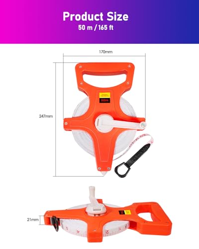 Tape Measure 50 m / 165 ft, Tape Measure 50 m with Fold-Out Crank, Inch/Metre Tape Measure, Fibreglass Tape Measure with Centre Tip, Roll Tape Measure with Folding Lever, Marked on Both Sides | Zoll/Meter Bandmaß, Rollmaßband Fiberglas mit Zentrierspit...