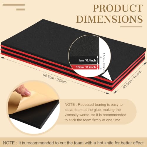 Sumind 3 Sets 16 x 22 Inch Tool Box Foam Organizers Liner Adjustable Inserts Foam Non Slip Liner Mat for Tool Box, Cabinet and Chest Drawers, Black Top and Red Bottom