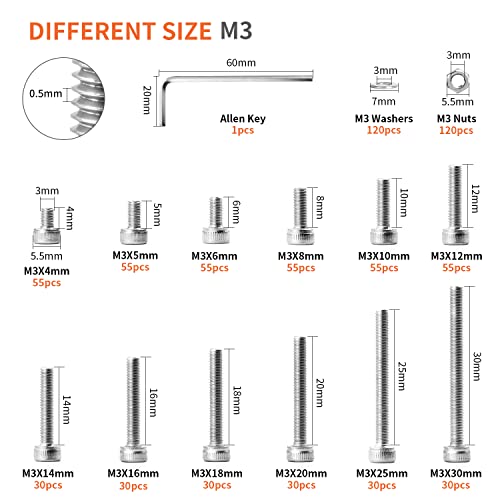 1310PCS M3 x 4/5/6/8/10/12/14/16/18/20/25/30mm Hex Socket Head Cap Screws Bolts and Nuts Flat Washers Assortment Kit, 304 Stainless Steel, Metric Machine Fully Thread, Allen Hex Drive M3 Socket Head (1310PCS)