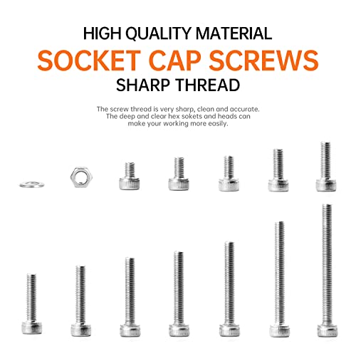 1310PCS M3 x 4/5/6/8/10/12/14/16/18/20/25/30mm Hex Socket Head Cap Screws Bolts and Nuts Flat Washers Assortment Kit, 304 Stainless Steel, Metric Machine Fully Thread, Allen Hex Drive M3 Socket Head (1310PCS)
