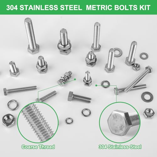 260Pcs M6 M8 M10 Hex Bolts and Nuts Assortment Kit,304 Stainless Steel Machine Screw Sets with Case,Metric Fastener Set Machine Screw Nuts Washers 260