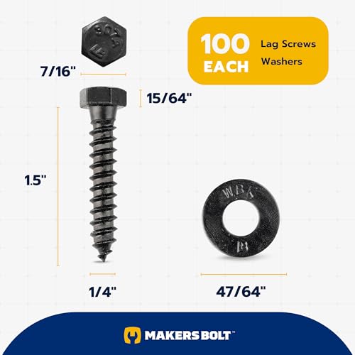 1/4 x 1-1/2 (100 Pack) Lag Screw Kit, 100 Screws and 100 Washers, Ceramic Black Ruspert Coating for Exterior Use, Meets ASTM A307 and ASME B18.2.1, Industrial/Commerical Grade by Makers Bolt 1/4 x 1-1/2