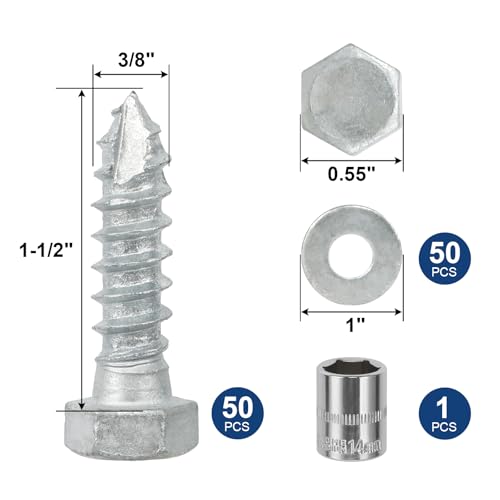 3/8" x 1-1/2" Lag Screws Bolts with Washers(50Pcs) 3/8x1-1/2in 50