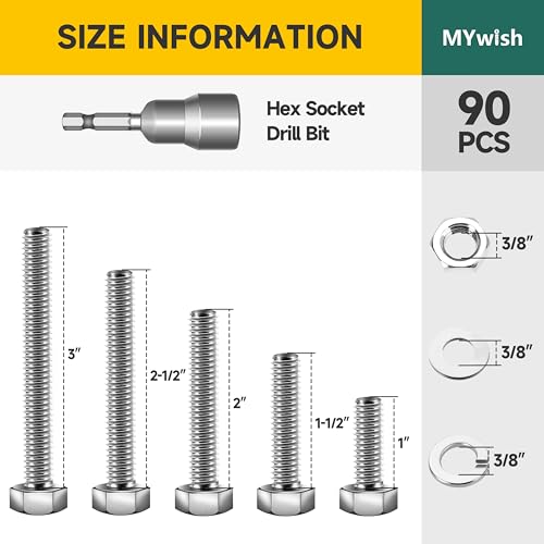 Mywish 90Pcs 3/8 Hex Head Nuts and Bolts Assortment Kit & 200PCS 1/4-20 Bolt Nuts and Bolts Assortment Kit, 304 Stainless Steel Assorted Nuts and Bolts Kit with Hex Nuts and Washers