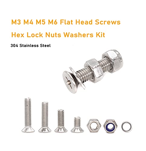 1020pcs M3 M4 M5 M6 Flat Phillips Countersunk Head Machine Screws Bolts Nuts Washers Assortment Kit, 304 Stainless Steel, Silver Tone M3 M4 M5 M6 1020pcs (Countersunk Head-304)