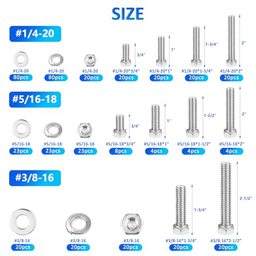 260PCS Hex Head Nuts and Bolts Assortment Kit, 1/4-20, 5/16-18, 3/8-16 Stainless Steel Bolts and Nuts Kit, Assorted Nuts and Bolts Hardware Screws Set, Flat & Spring Lock Washers Assortment with Case Hex Head Kit
