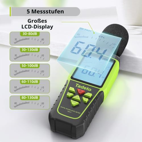 Decibel Meter, Tadeto Sound Level Meter Portable dB Meter 30dB to 130dB (5 Measuring Range) Backlight LCD Display, MAX/MIN, Acoustic and Visual Alarms, Data Hold, A/C Weighted Green