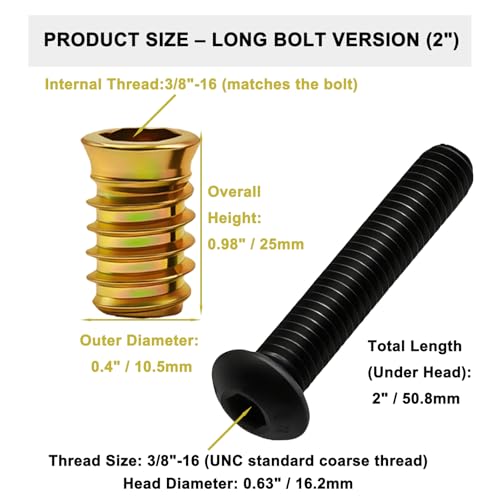 3/8"-16 Furniture Threaded Insert Kit, 15 Zinc-Plated Inserts (25mm) & 15 Grade 10.9 Bolts (2"), with 10mm & 5.5mm Wrenches and 13mm Drill Bit for Heavy-Duty Wood Furniture Repair and Assembly 3/8"-16 × 25 mm(Inserts) + 3/8"-16 × 2"(Bolts)