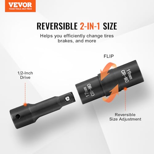 VEVOR Lug Nut Impact Socket Set 1/2-Inch Drive, 8-IN-4 Flip Socket Design, Covers Most Commonly Used SAE & Metric Wheel Nuts, CR-MO Steel 8-IN-4 Flip Design 1/2" 5PCS 6PT