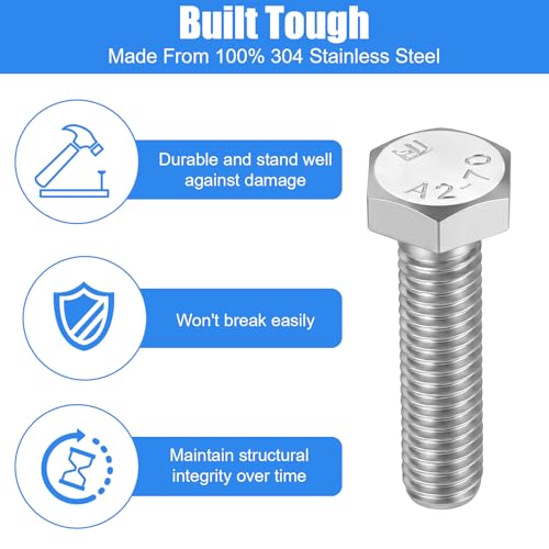 200 Pcs Hex Head Screw Bolt M6-1.0 x 25mm Stainless Steel 18-8 (304) External Hex Drive Fully Threaded Plain Finish Silver Machine Screws