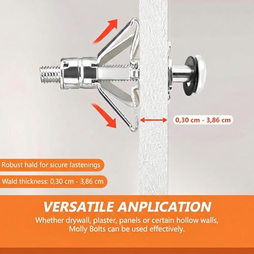 Molly Bolts for Plaster Walls and Drywall, Heavy-Duty 30 PCS Hollow Wall Anchor Set with Setting Tool, 5 Sizes for Secure Installation on Drywall Holding 65 Lbs, Easy to Use Fasteners, Orange