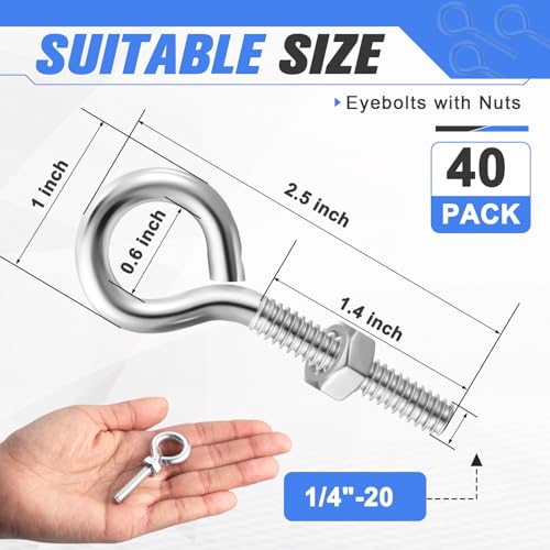 40 Pack 1/4-20 x 2-1/2 Inch Galvanized Steel Eye Bolts with Nut 1/4-20x2-1/2in Silver 40
