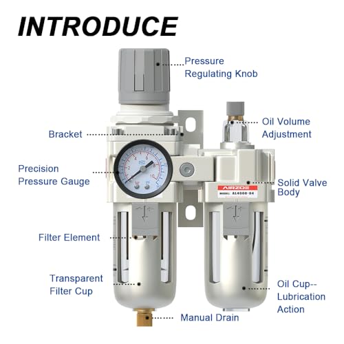 AIRZOE 1/2" NPT Air Dryer and Air Filter Regulator Lubricator Combination-5 Micron Brass Element,0-150 PSI Brass Gauge,AF4000-04,AC4010-04